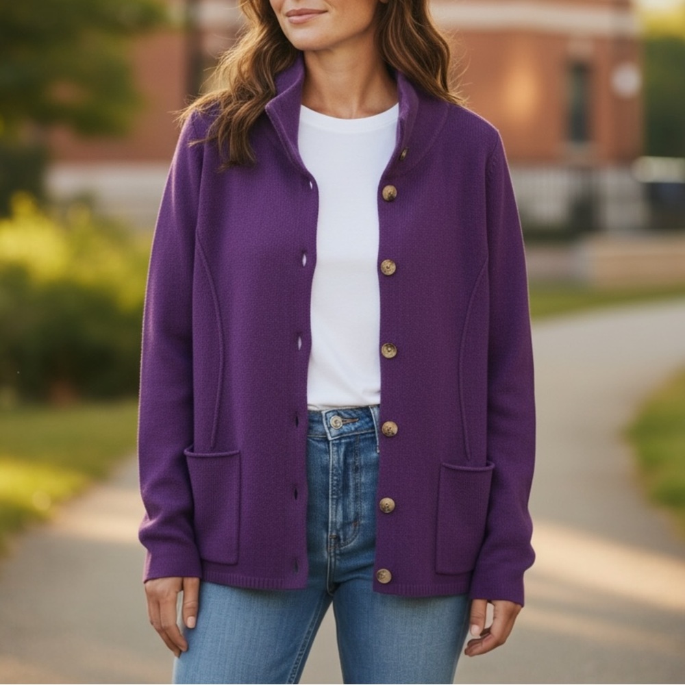 EILEEN FISHER Women's Small Purple Lamb's Wool-Cashmere Cardigan Button Sweater